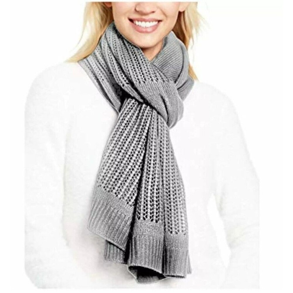 DKNY Gray Scarf Heather Open-Knit Blocked Winter One Size Neck Warmer